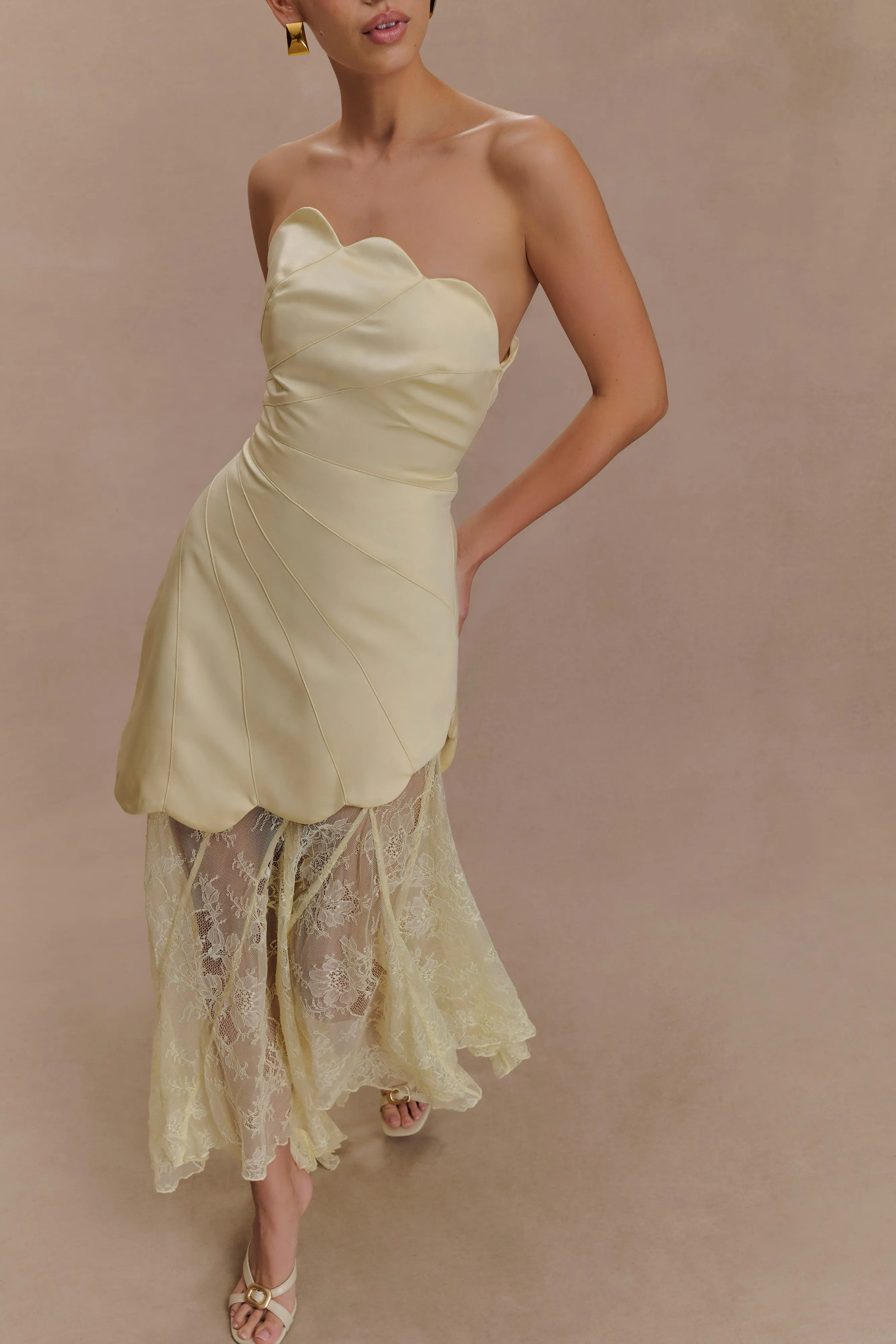 Family Glow Aleena Satin And Lace Maxi Dress - Lemon