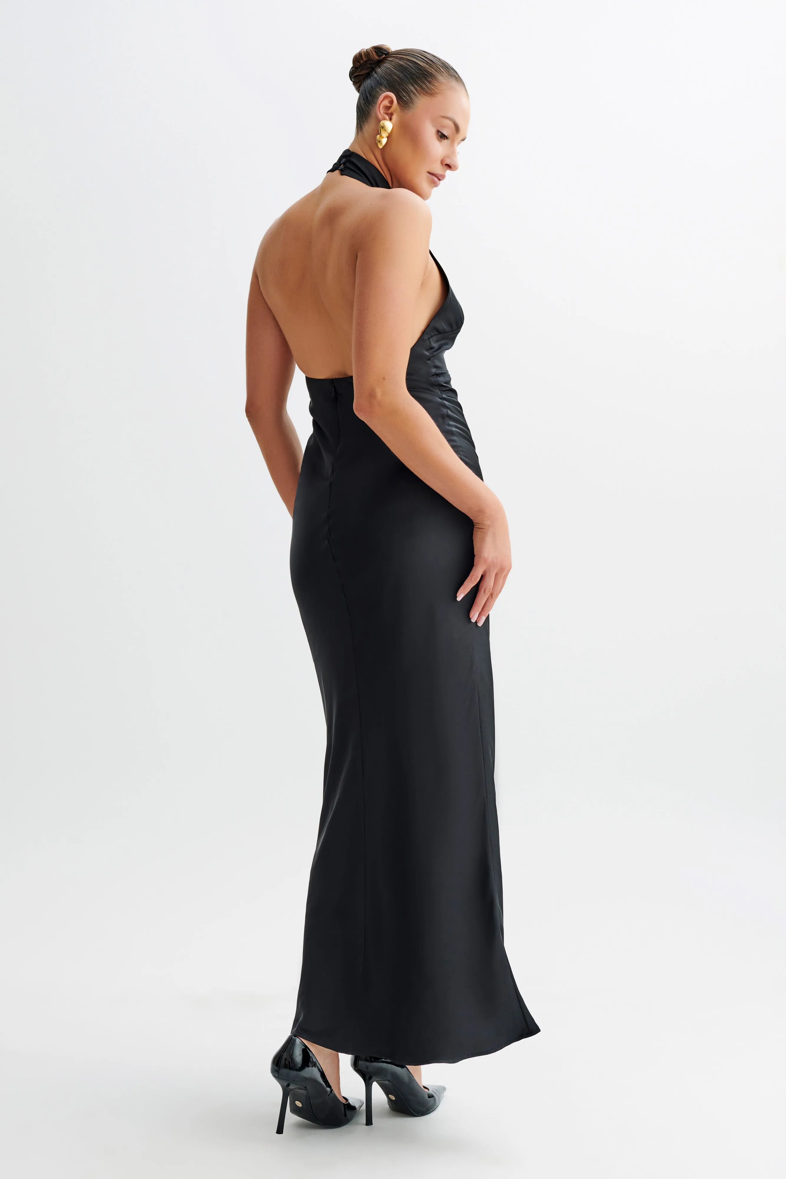 Belladonna Satin Halter Maxi Dress - Black Soft and Light