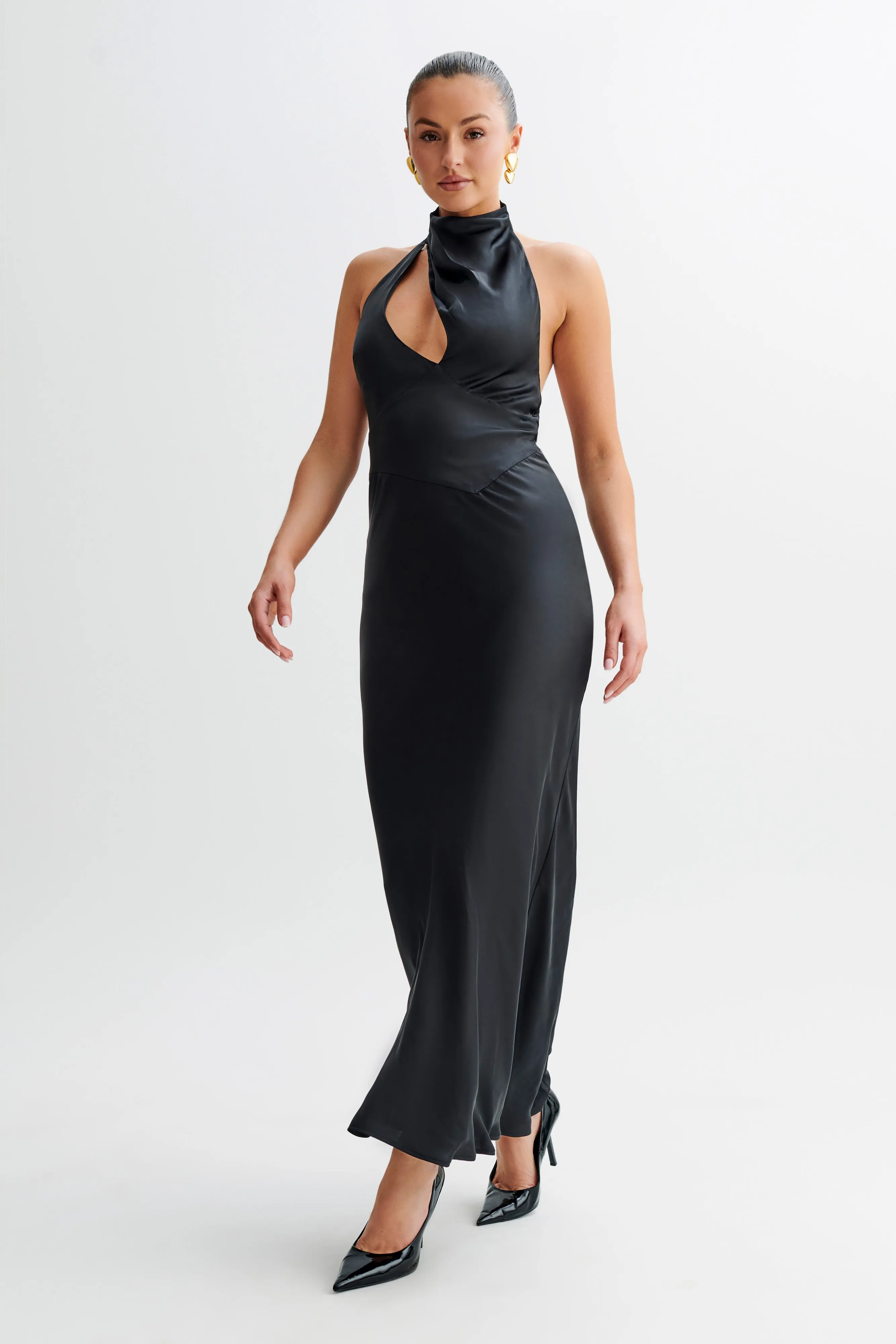 Walk Easy Belladonna Satin Halter Maxi Dress - Black