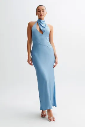 Belladonna Satin Halter Maxi Dress - Iris Blue Seamless Finish