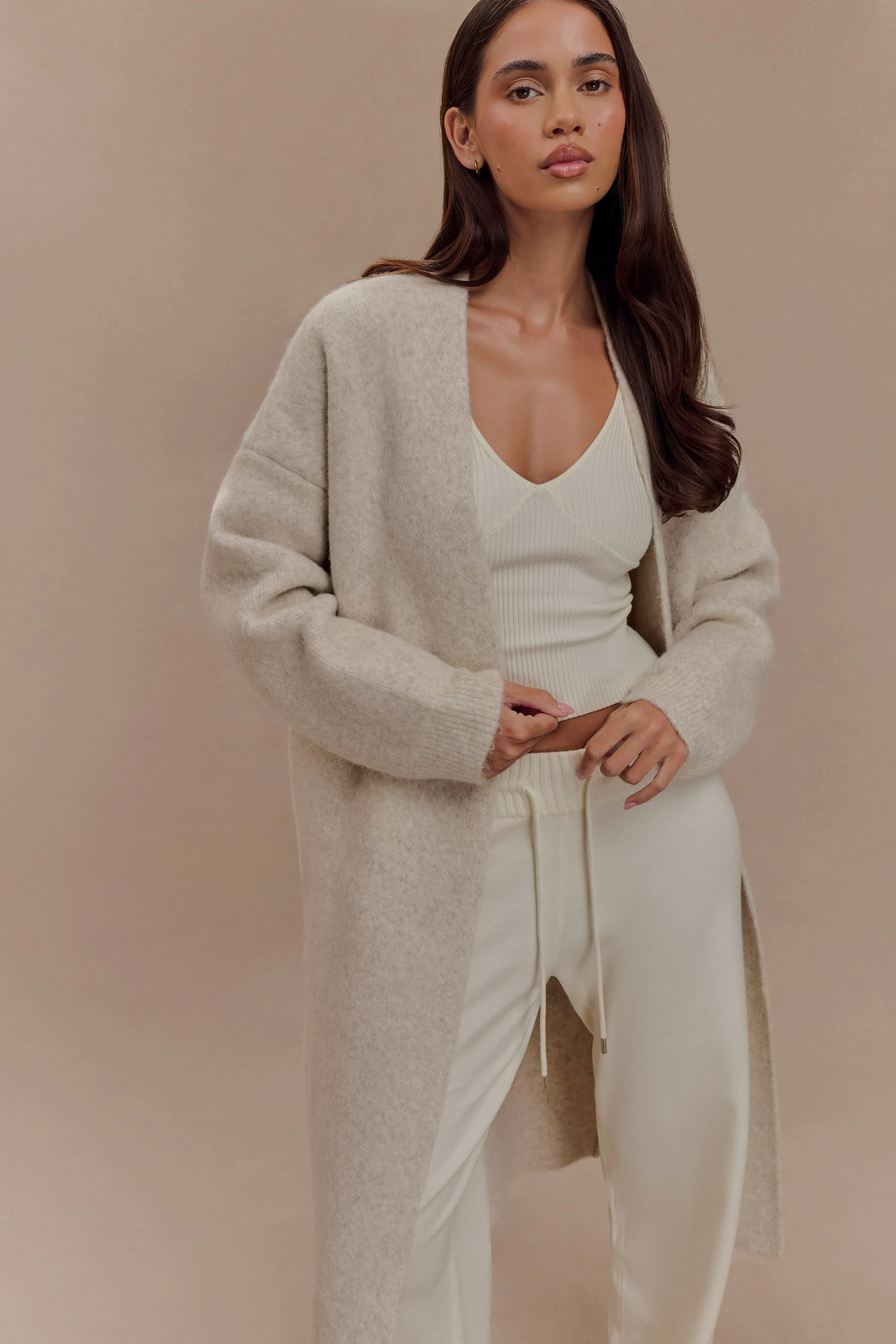 Noise Reducing Fabric Benson Maxi Knit Cardigan - Cream Marle