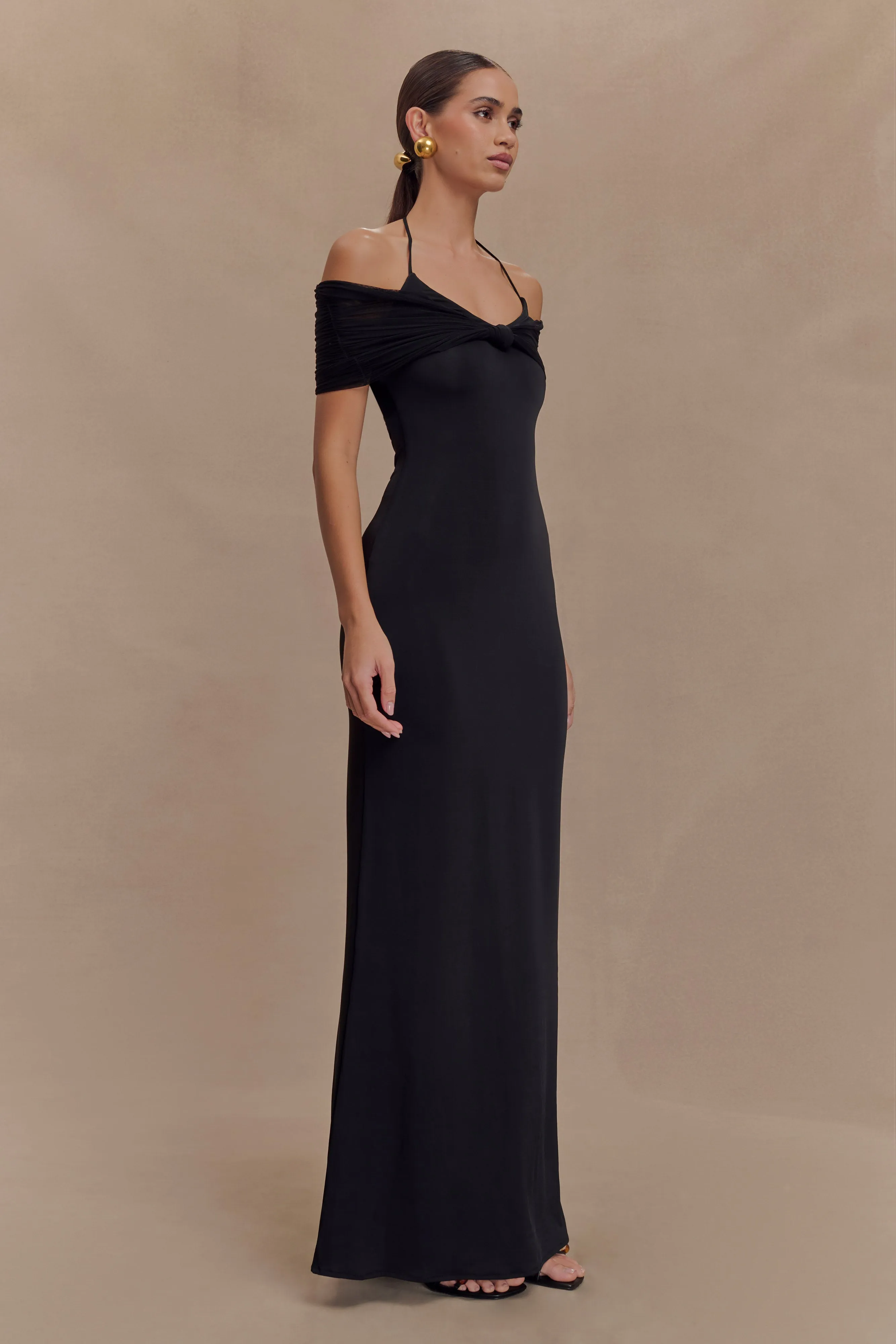 Bernadina Mesh And Slinky Halter Maxi Dress - Black Mood Focused