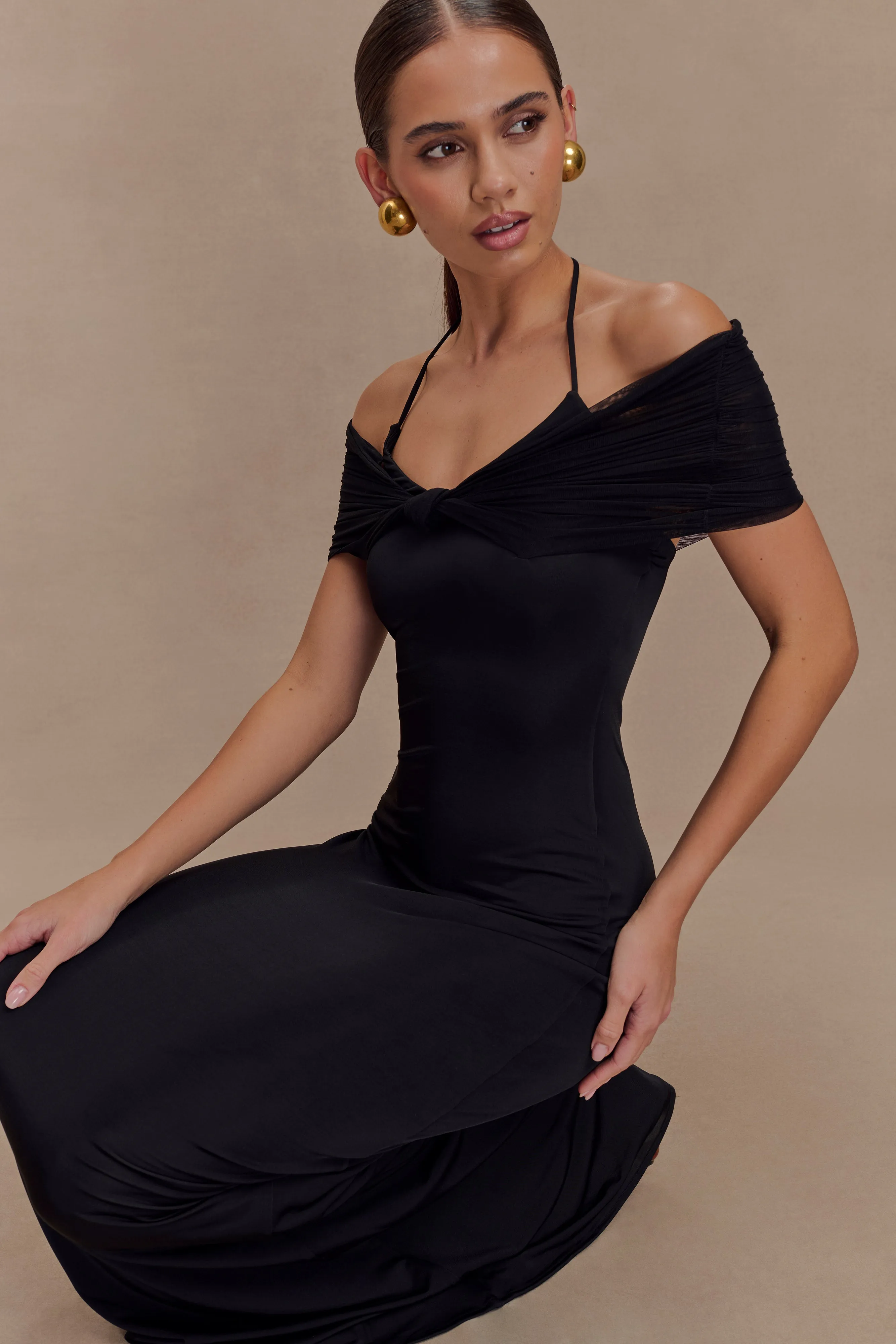 Brunch Outfit Playful Twist Bernadina Mesh And Slinky Halter Maxi Dress - Black