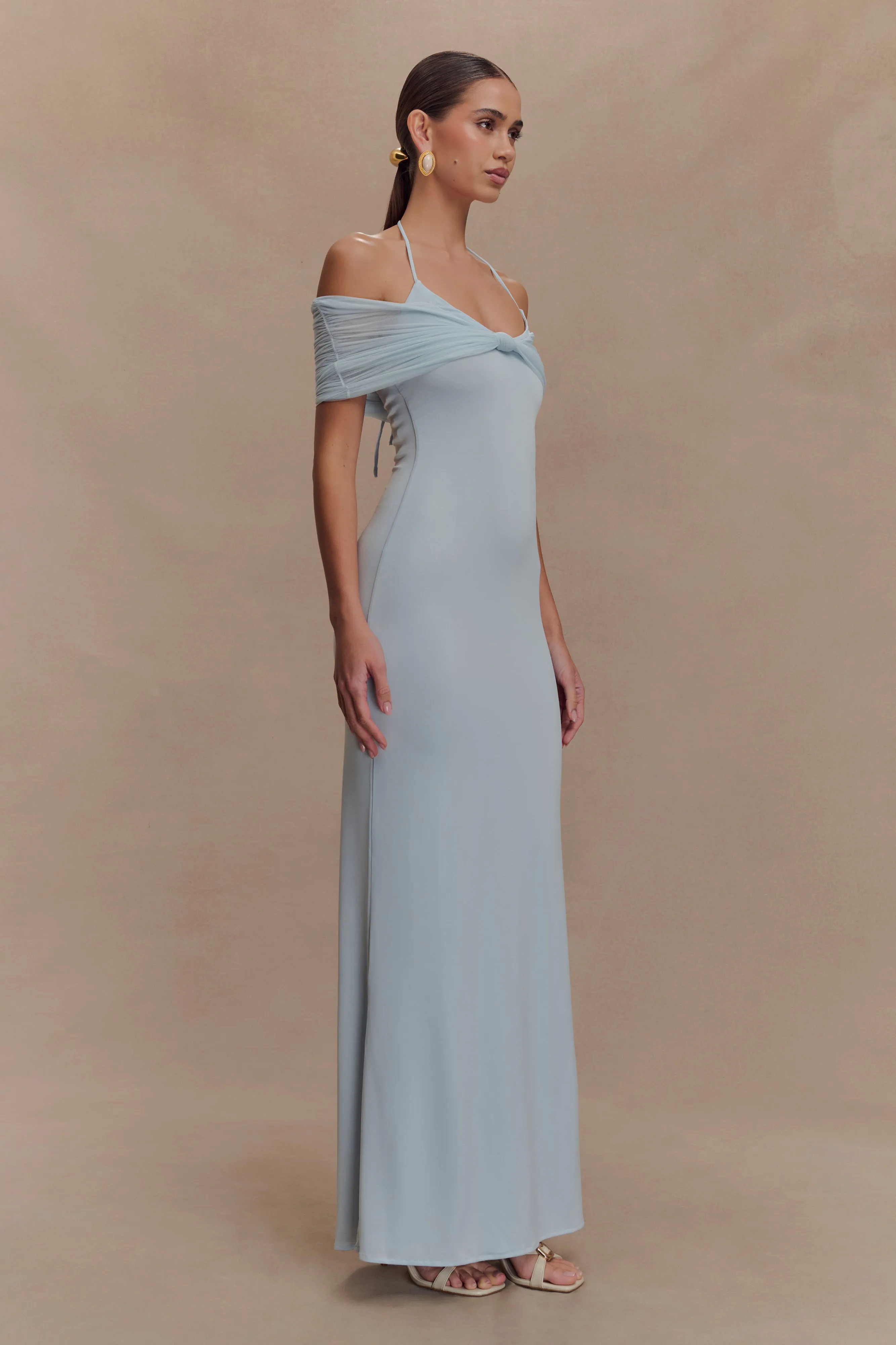 Bernadina Mesh And Slinky Halter Maxi Dress - Pale Blue Tassel-Detail Mesh-Sleeve