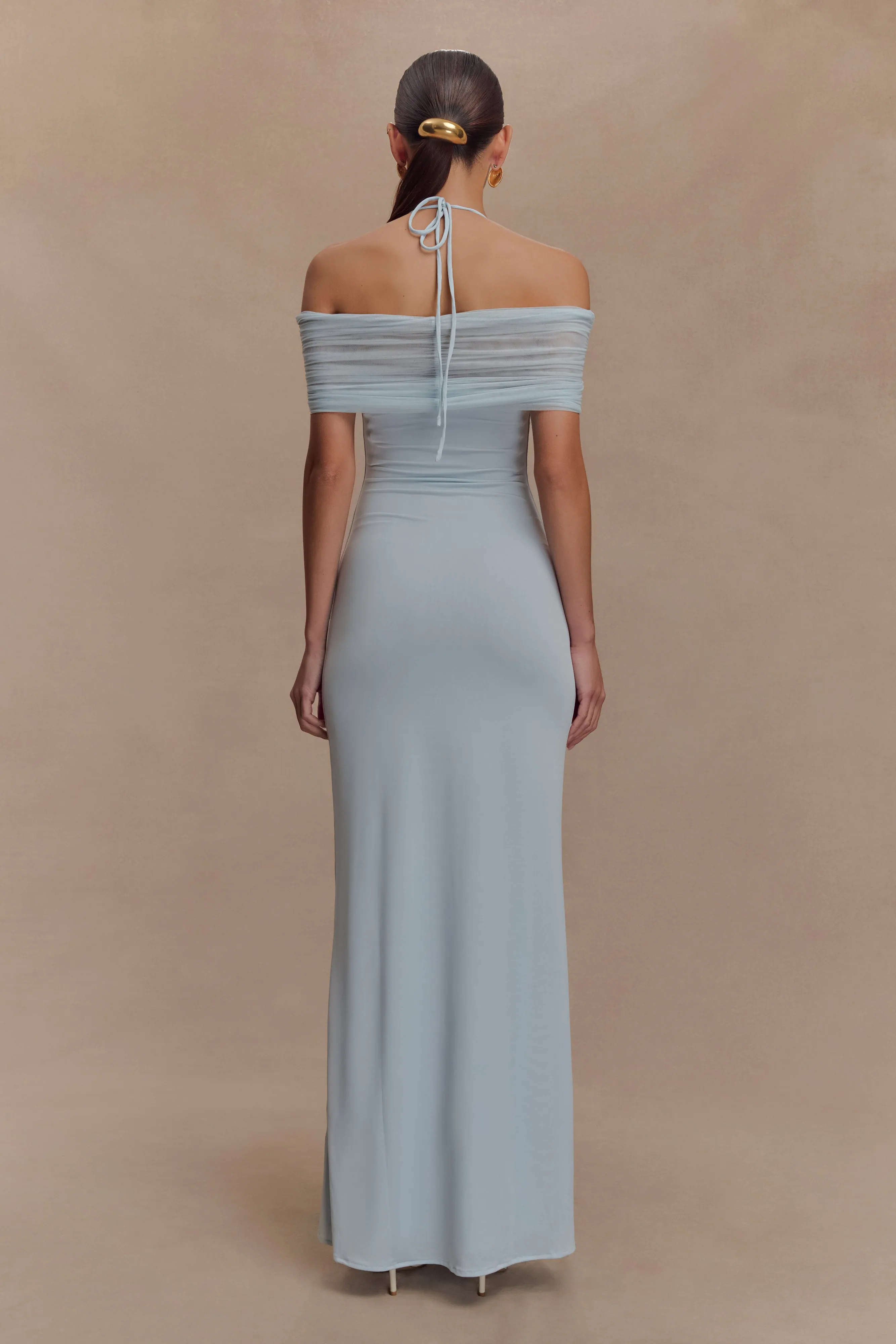 Year Rounder Bernadina Mesh And Slinky Halter Maxi Dress - Pale Blue