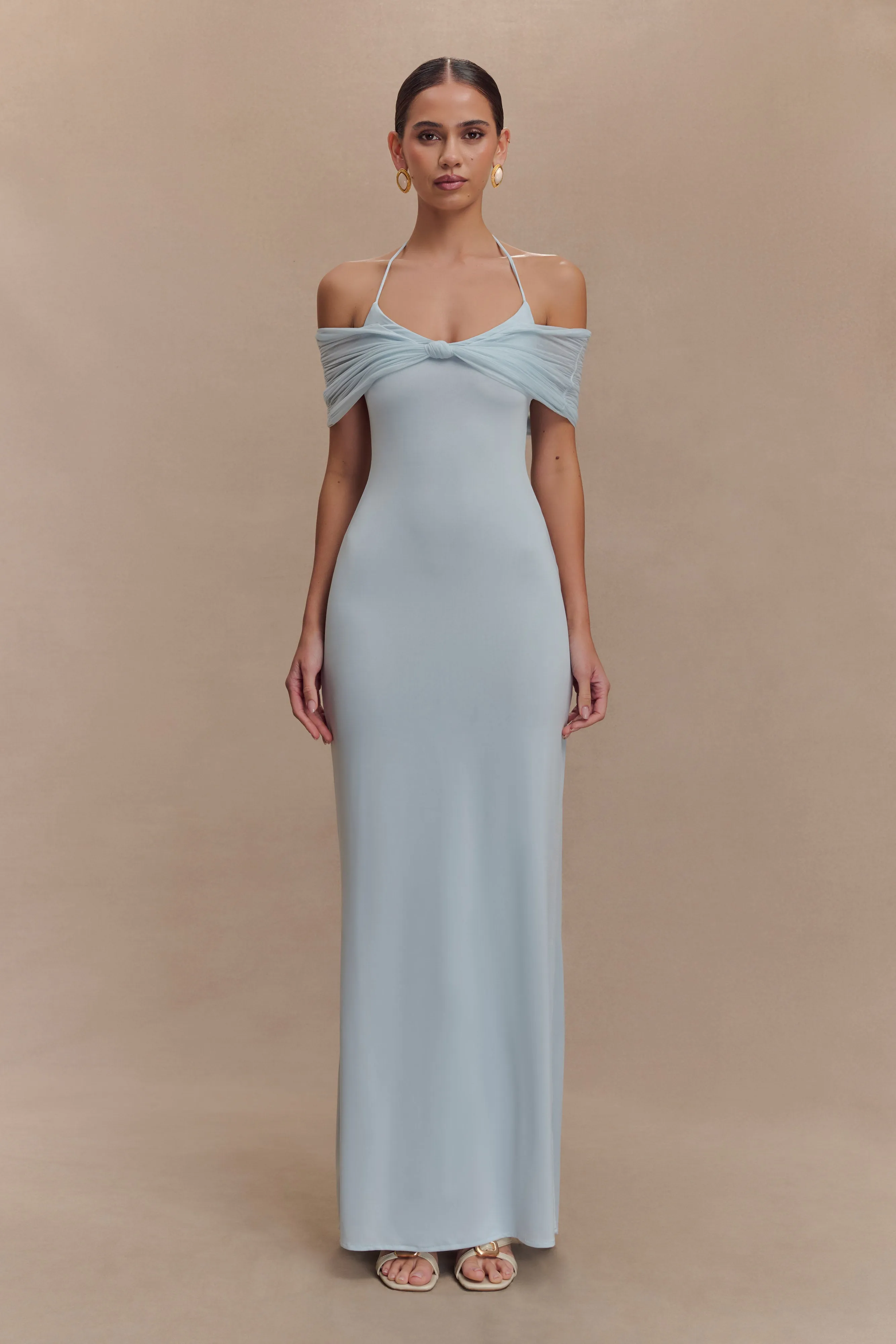Trendy Cut Work Mood Bernadina Mesh And Slinky Halter Maxi Dress - Pale Blue