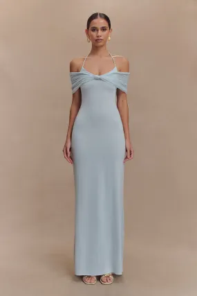 Trendy Cut Work Mood Bernadina Mesh And Slinky Halter Maxi Dress - Pale Blue