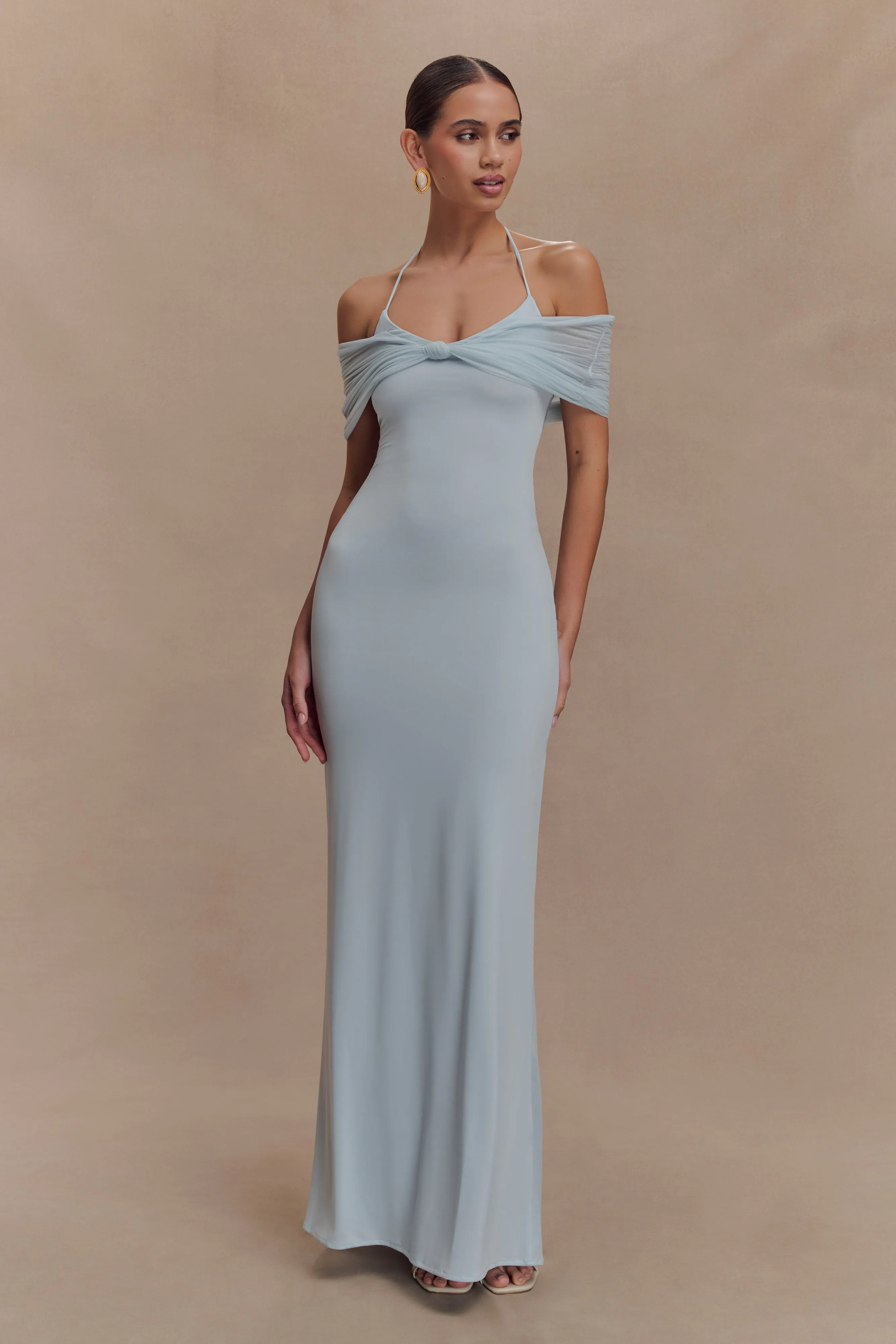 Neutral Feel Bernadina Mesh And Slinky Halter Maxi Dress - Pale Blue