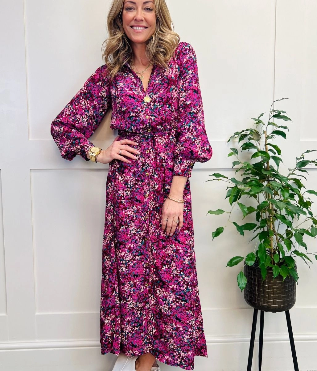 Berry Floral Print Midi Shirt Dress Unique Cut