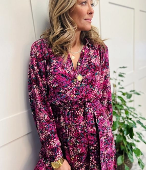 Versatile occasion dress Shape Retention Berry Floral Print Midi Shirt Dress