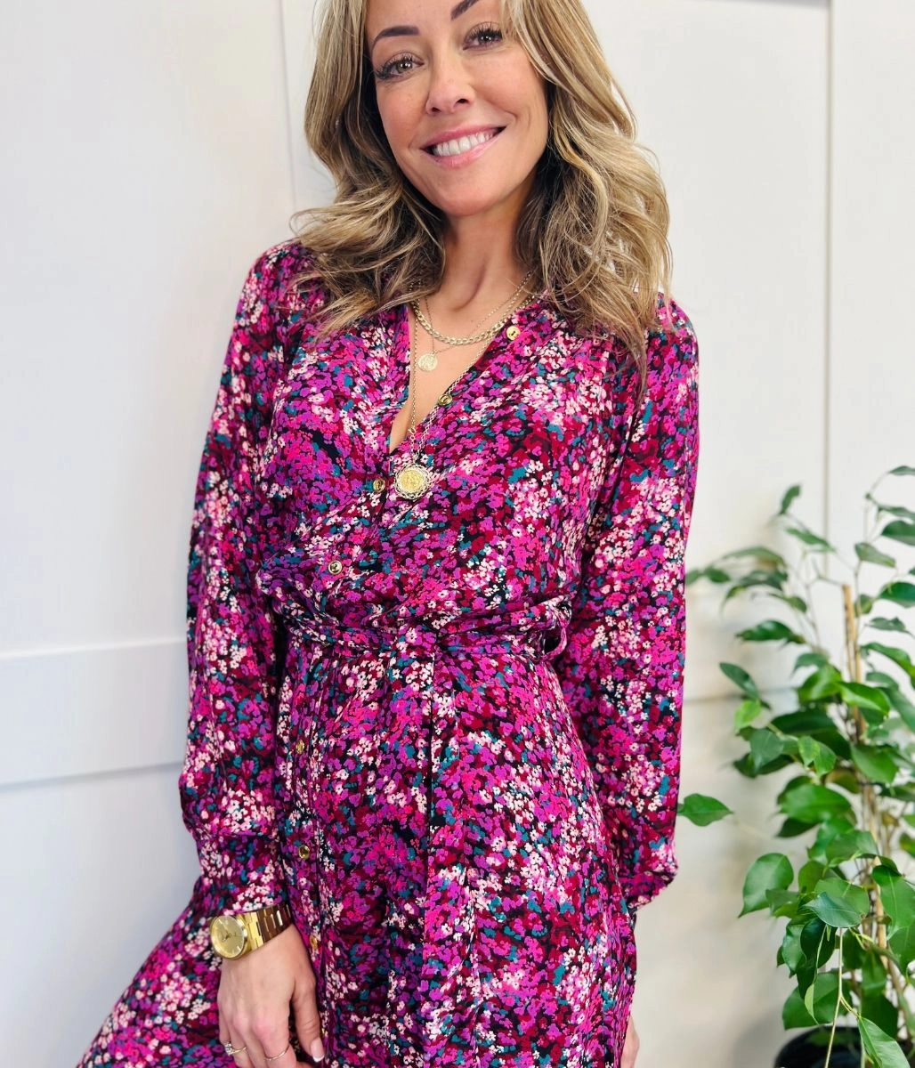 Stretchable Berry Floral Print Midi Shirt Dress