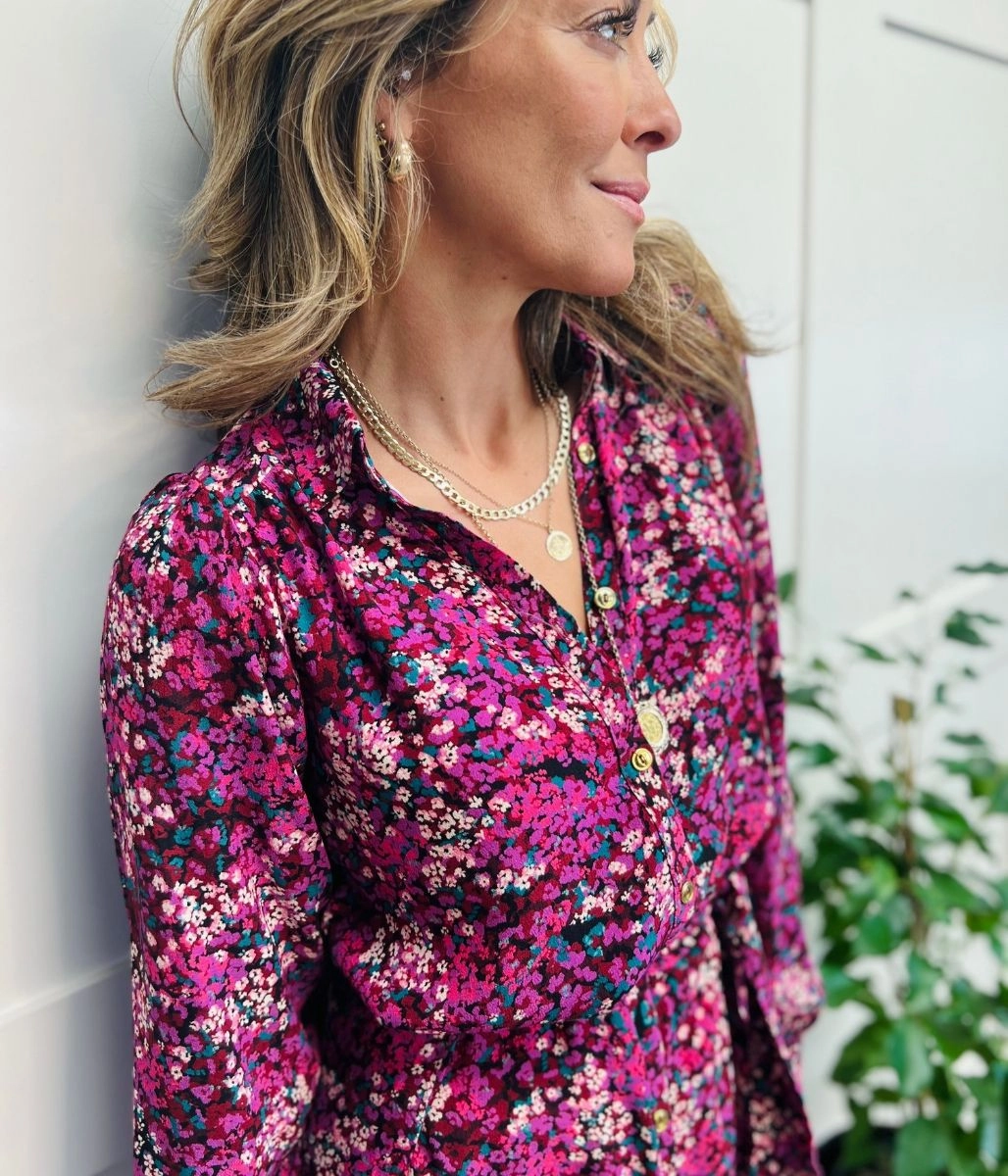 Berry Floral Print Midi Shirt Dress Chic Layering Dress-Up Style