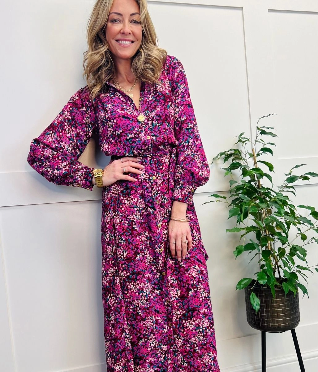Seasonal Layering Chain-Detail Berry Floral Print Midi Shirt Dress