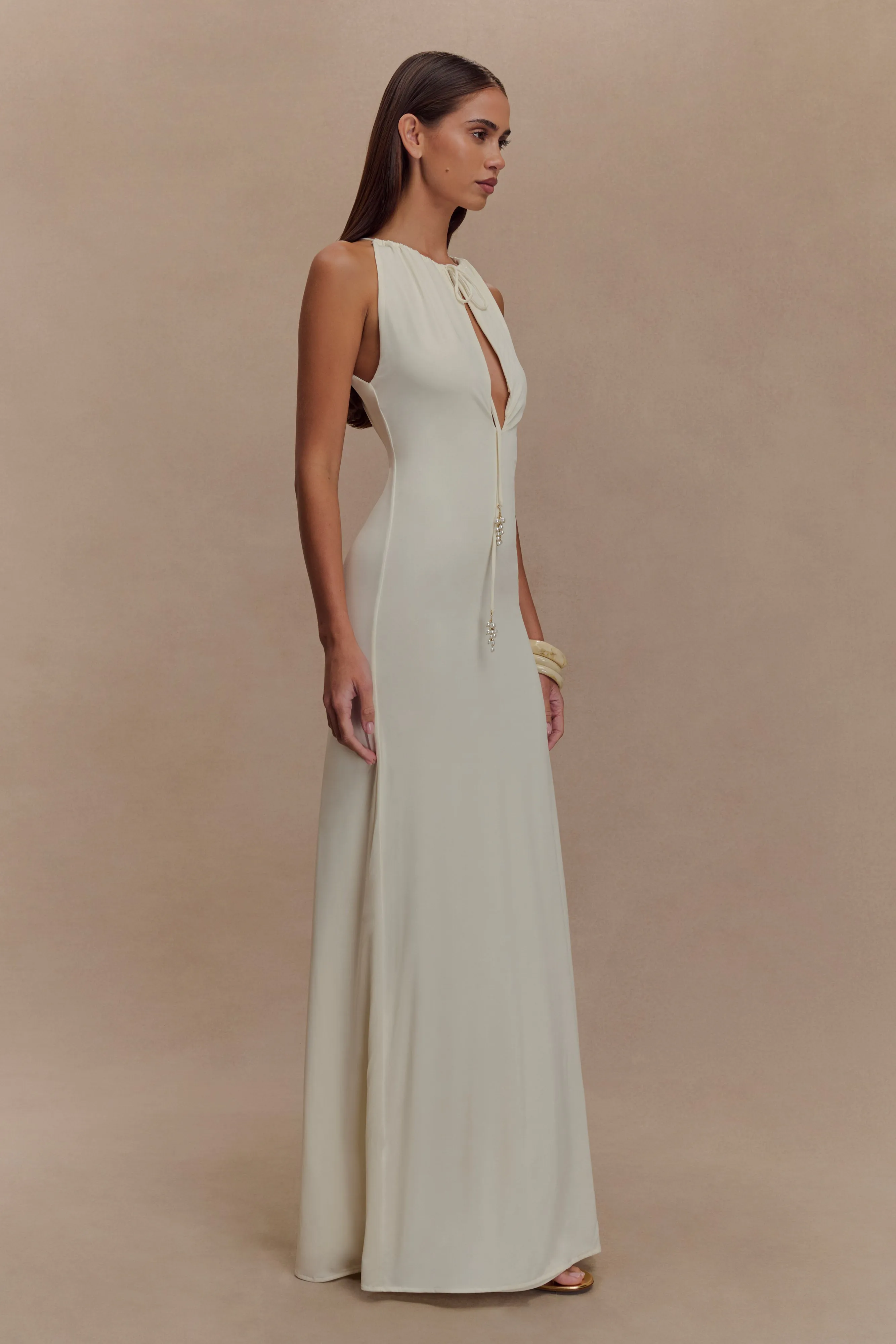 Airy Base Beryl Slinky Maxi Dress With Pearls - Ivory