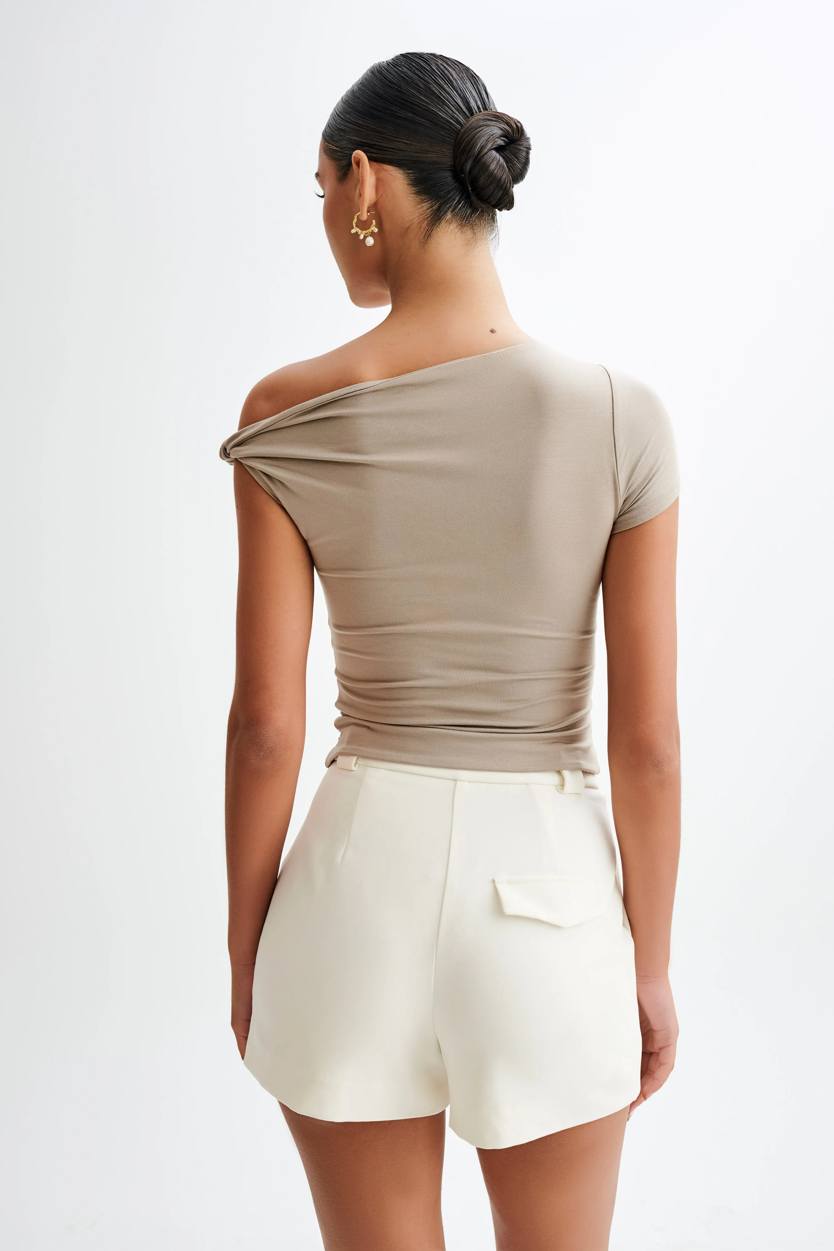 Betty Short Sleeve Modal Top With Knot Shoulder - Tawny Grey RibbedTexture