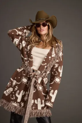 Big Sky Western Printed Fringe Cardigan Hypoallergenic Lining Contrast Stitch Detailing