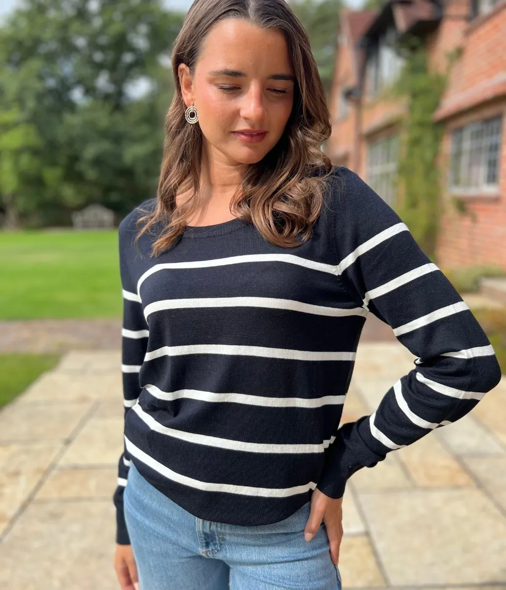 Black & White Stripe Fine Knit Jumper Sleek Waistband Lightweight Design