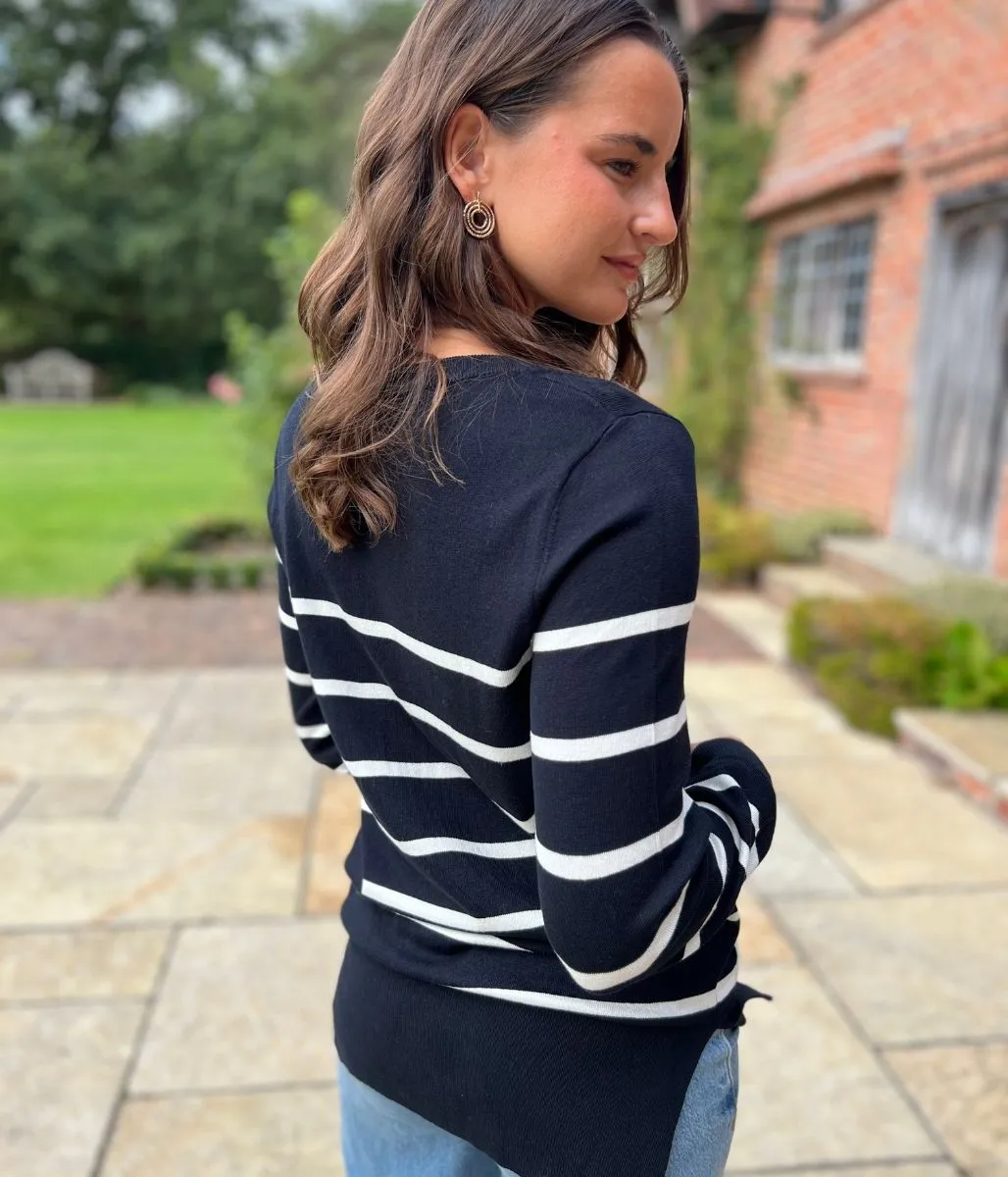 Black & White Stripe Fine Knit Jumper Cozy Knitwear Eco Certified Fabrications