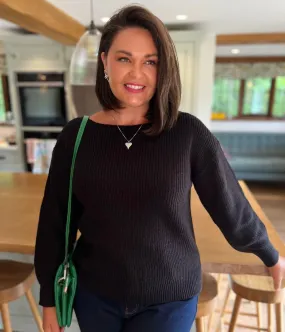 Black Boat Neck Knitted Jumper All-Season Fit Cozy Waistband