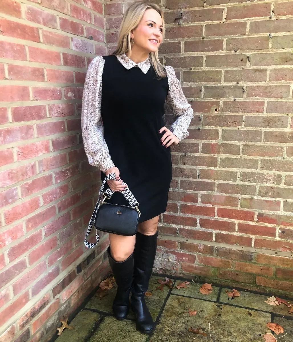 museum visit Work-to-Play Wear Black Collared Gold Fleck Contrast Shift Dress