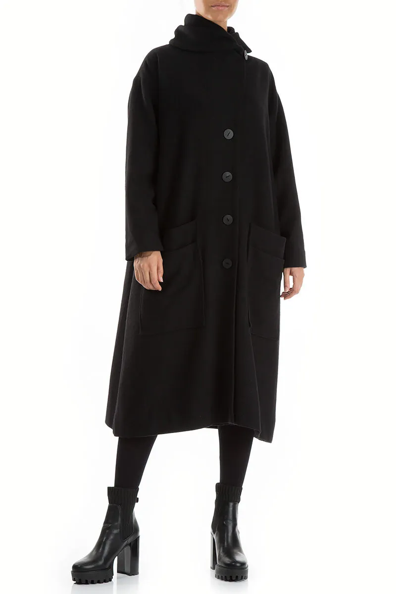 Black Light Wool Swing Coat Wind Resistant Lining Waterproof Zipper Closure