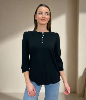 Organza Fit FourWayStretchClothing Black Long Sleeve Henley Top