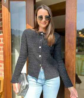 Black Metallic Thread Textured Cardigan Active Stretch Fit