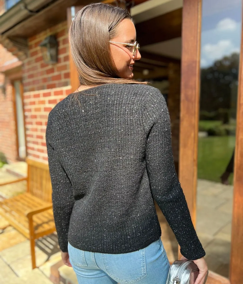Black Metallic Thread Textured Cardigan Street Style