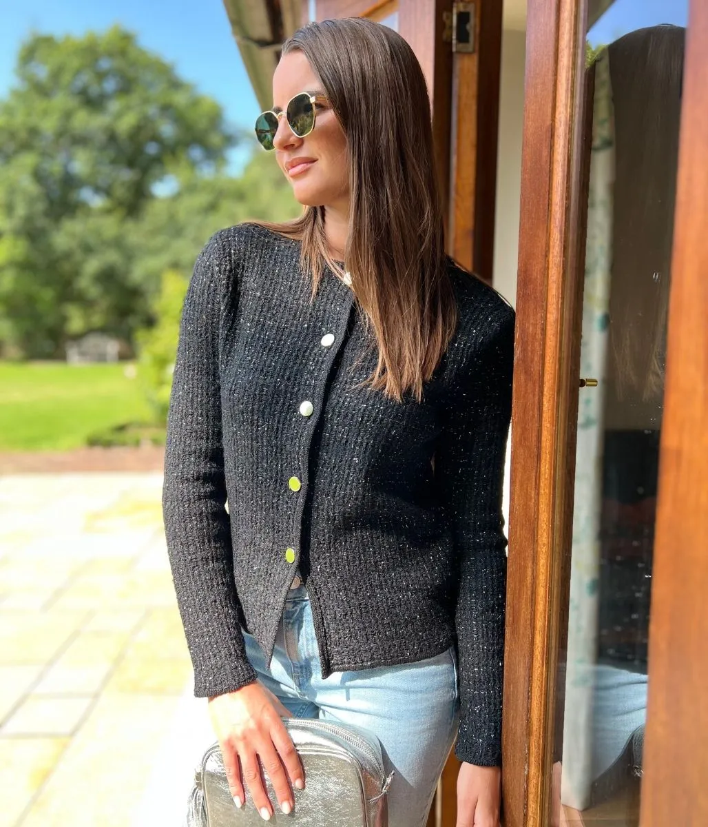 Soft Warmth Temperature Regulating Fibers Black Metallic Thread Textured Cardigan