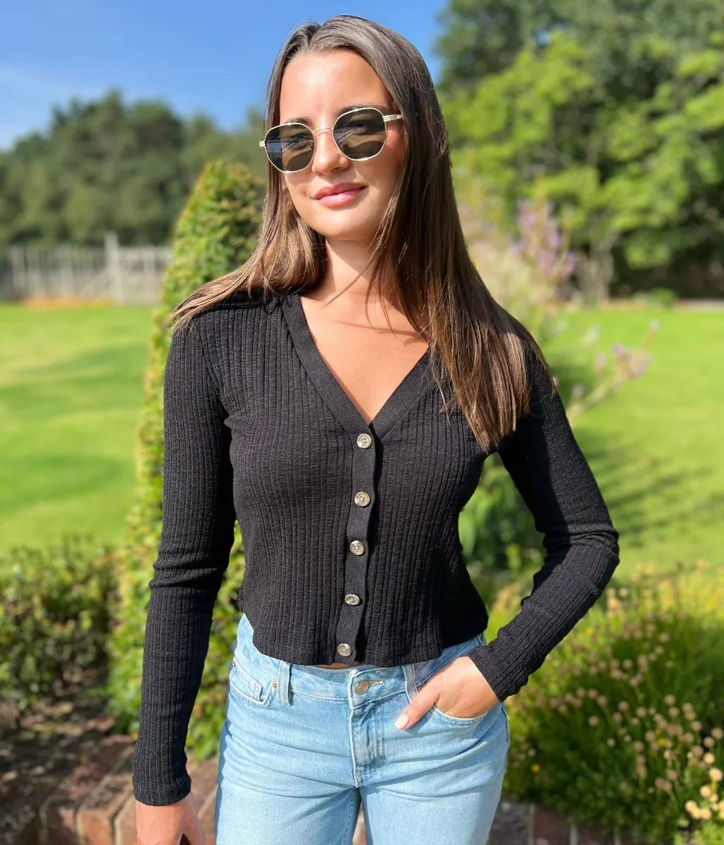 Flexible Ribbed Trim Black Ribbed Buttoned Cardigan