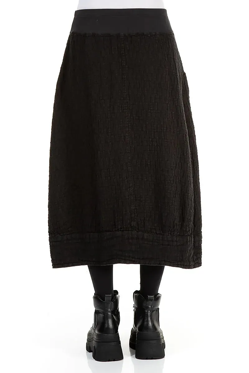 Black Textured Linen Midi Skirt Side Slit