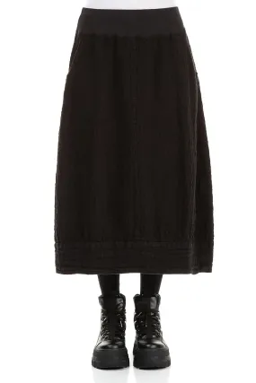 Black Textured Linen Midi Skirt Retro Style Split hem