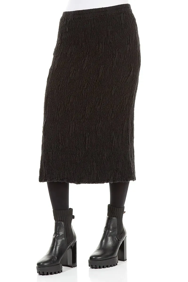 Black Textured Silk Linen Pencil Skirt Quilted Texture