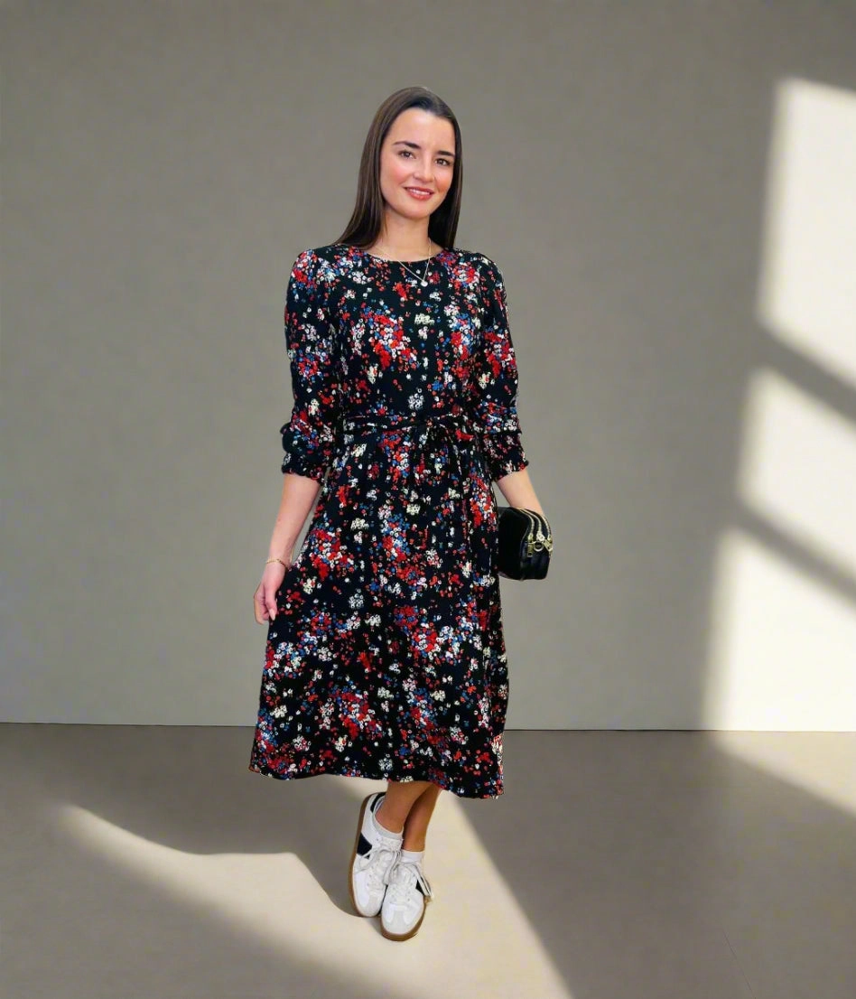 Black Ditsy Flower Print Dress Color-Blocked