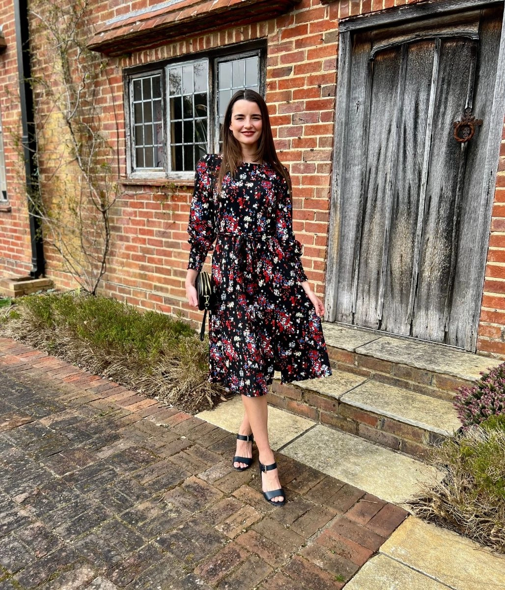 Trendy wrap gown Black Ditsy Flower Print Dress