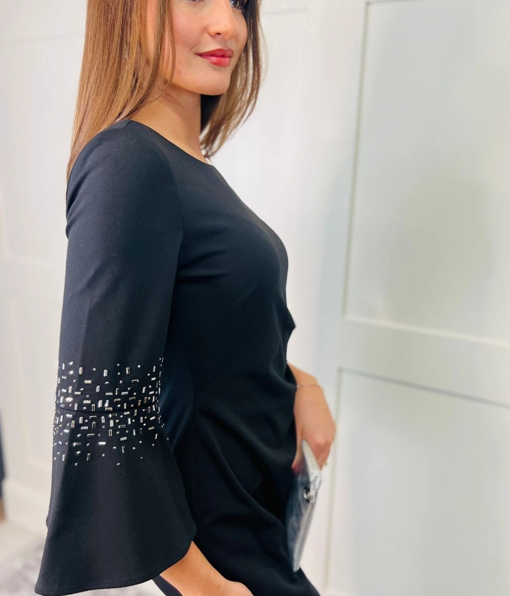 Tailored Fit Black Studded Bell Sleeve Dress