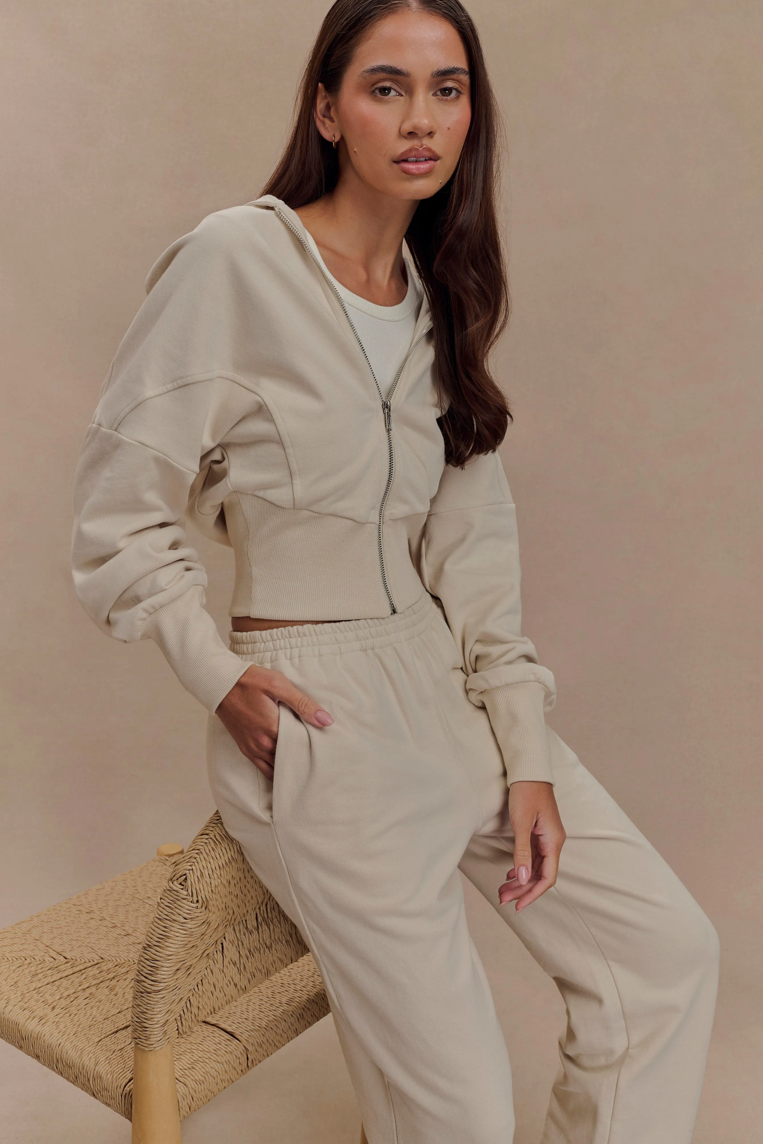 Blake Zip Front Hoodie - Stone ScratchResistant Zippers Tailored Cut Style