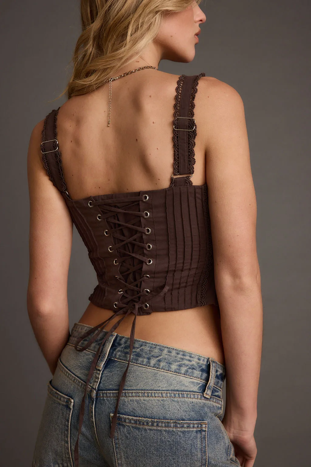 Quick Access Pockets Garment Washed Finish Blakely Brown Corset Top