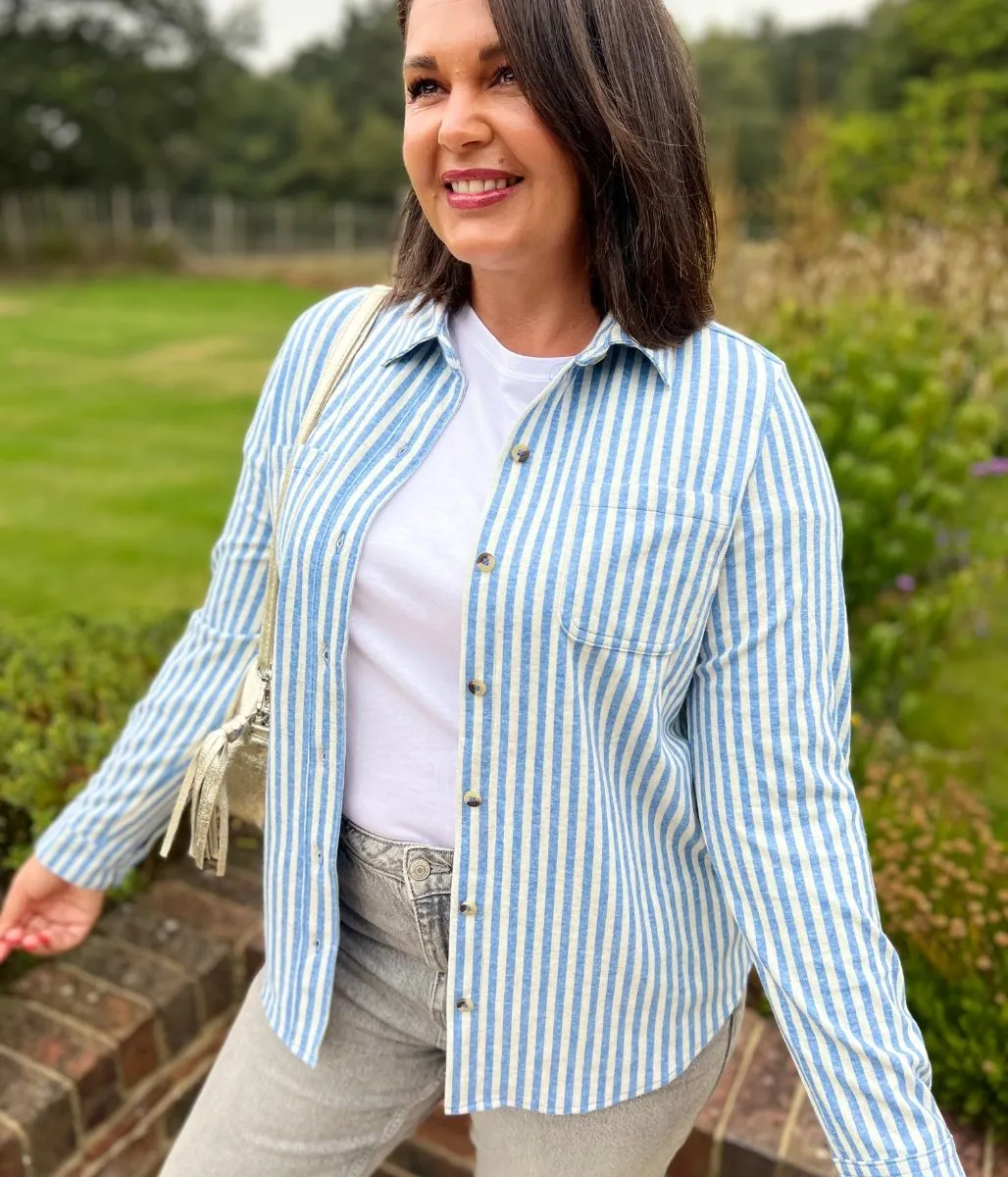 Blue Striped Thick Jersey Shirt StainRepellentSurface AntiPillingTechnology