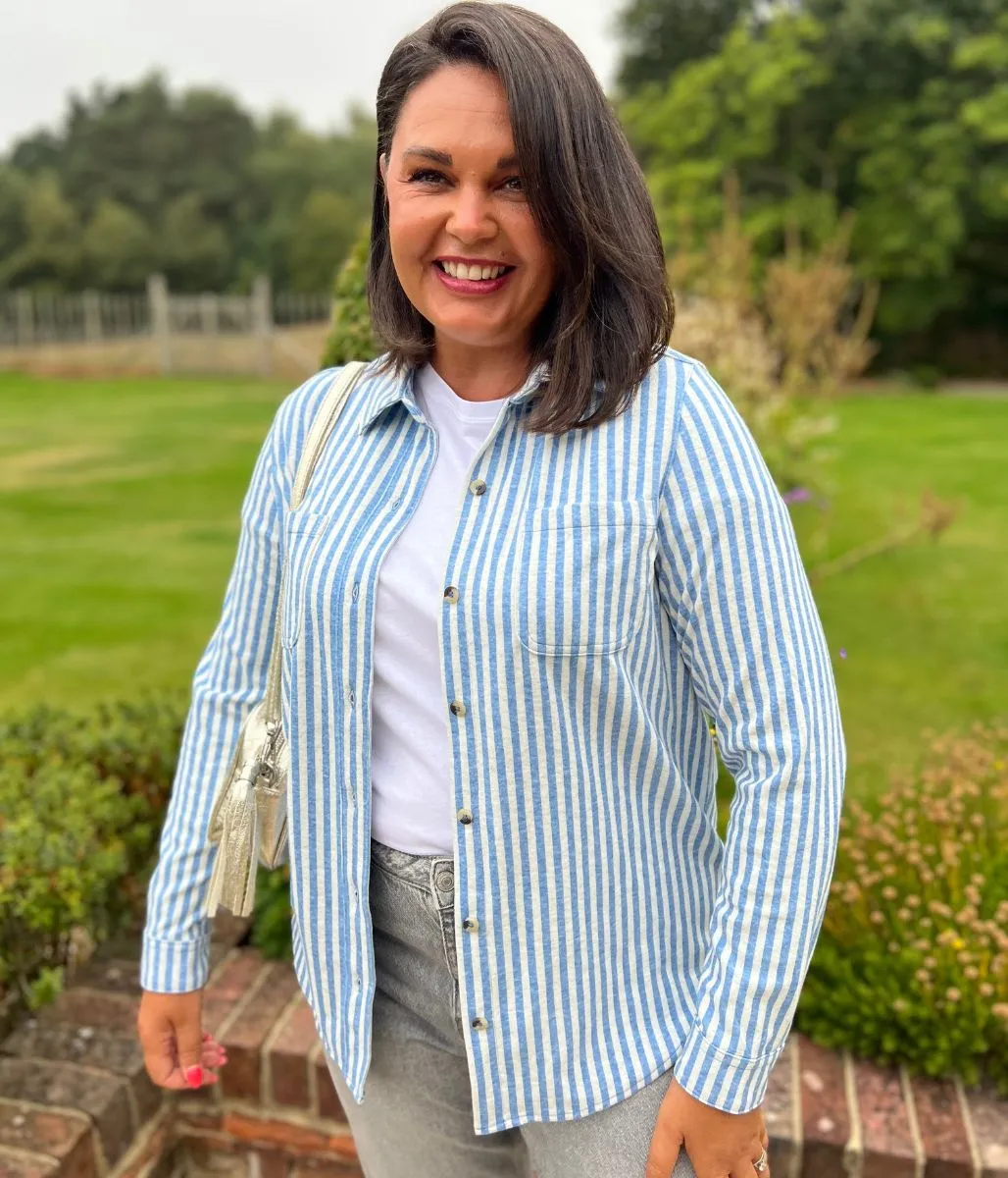 Blue Striped Thick Jersey Shirt Cool Hooded Jacket Sporty Jacket