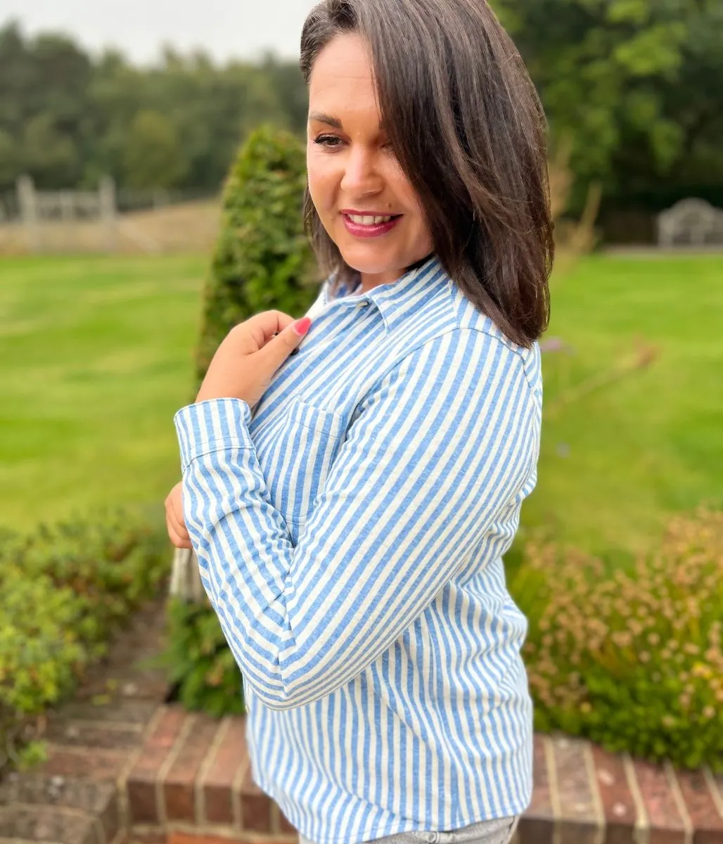 Blue Striped Thick Jersey Shirt Reflective details Laid-Back Outfit