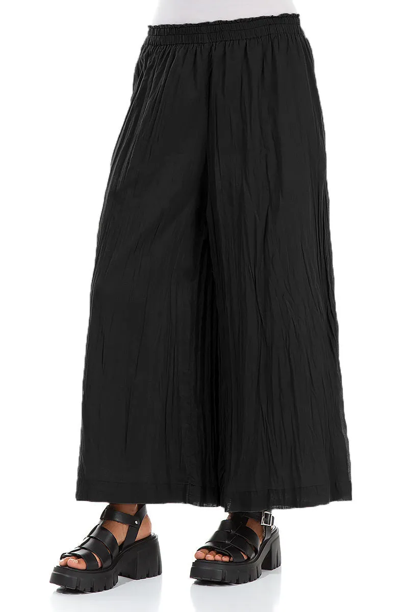 Wide Black Crumpled Cotton Trousers Comfy Waistband Anti Static Fabric
