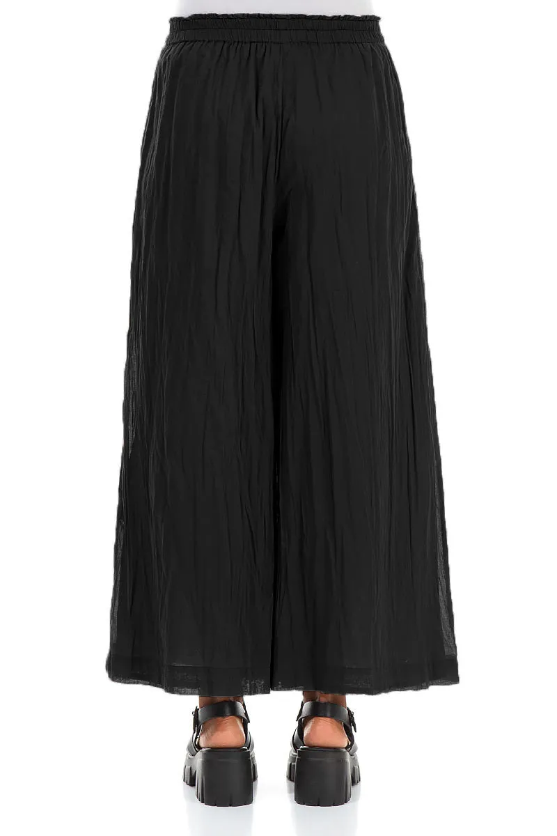 Performance Layer Soft Brush Lining Wide Black Crumpled Cotton Trousers