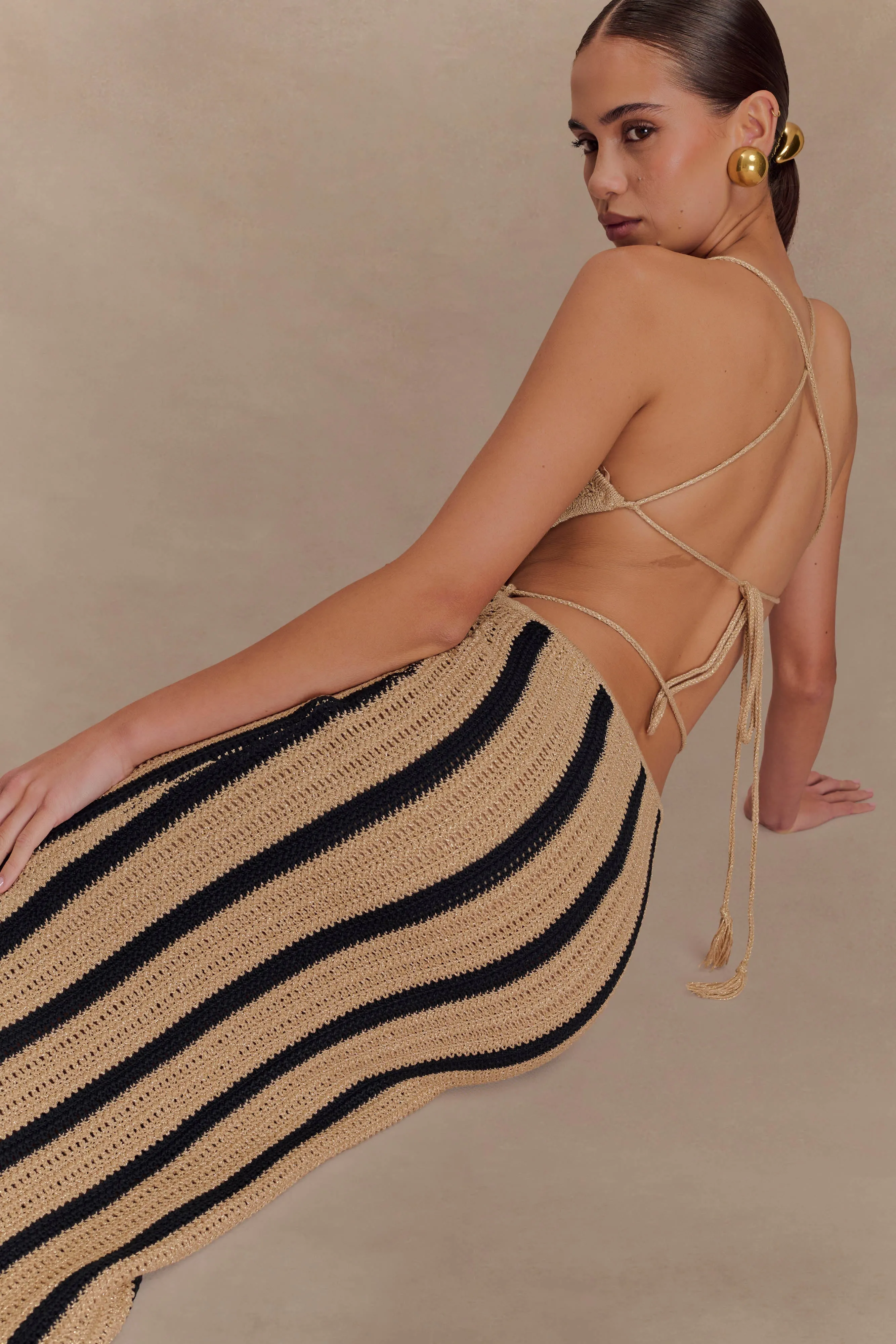 Shepherd Crochet Halter Maxi Dress - Gold/Black Comfy Shape Silky Layer