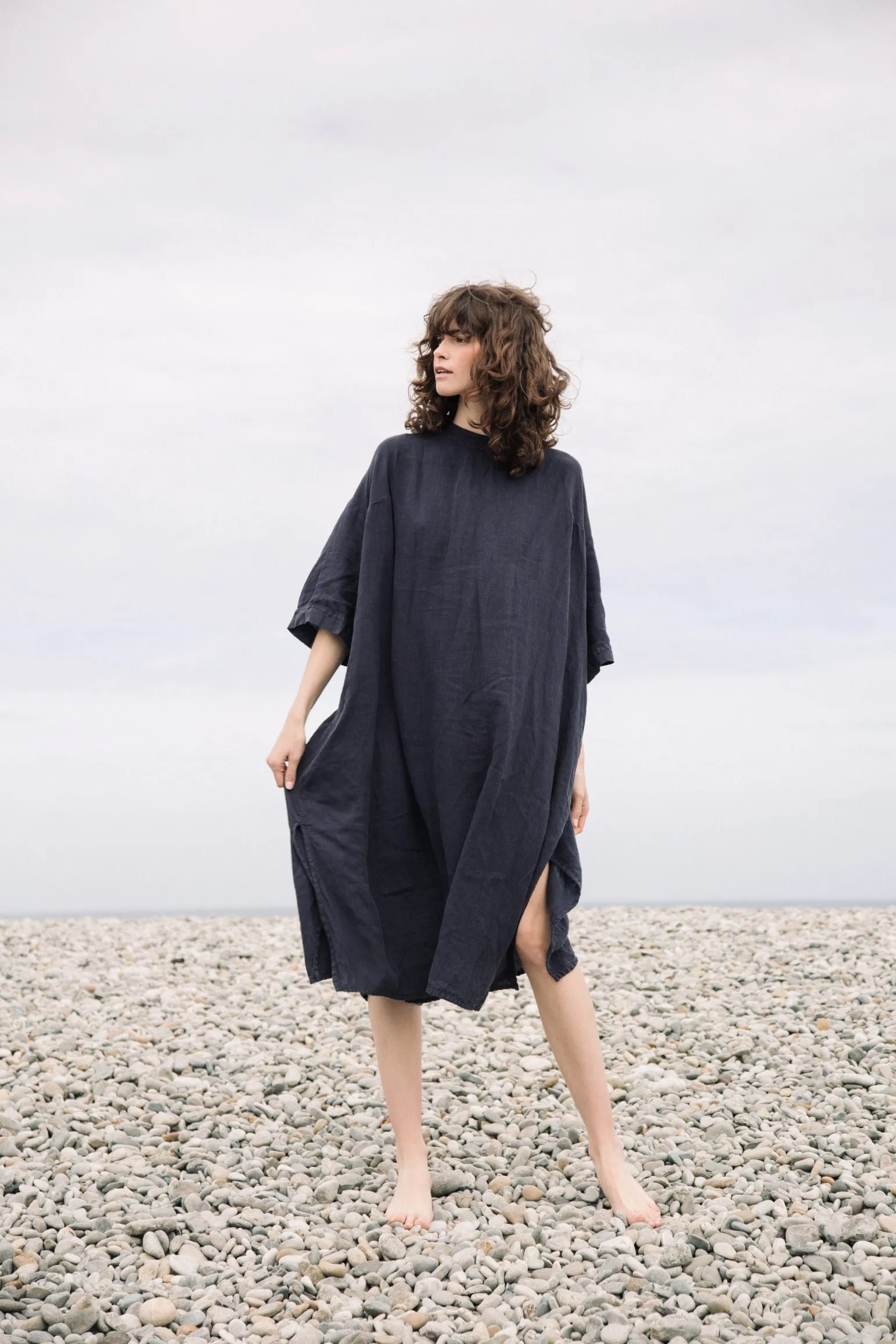Monique Linen Dress in Navy Effortless Look Soft And Comfortable