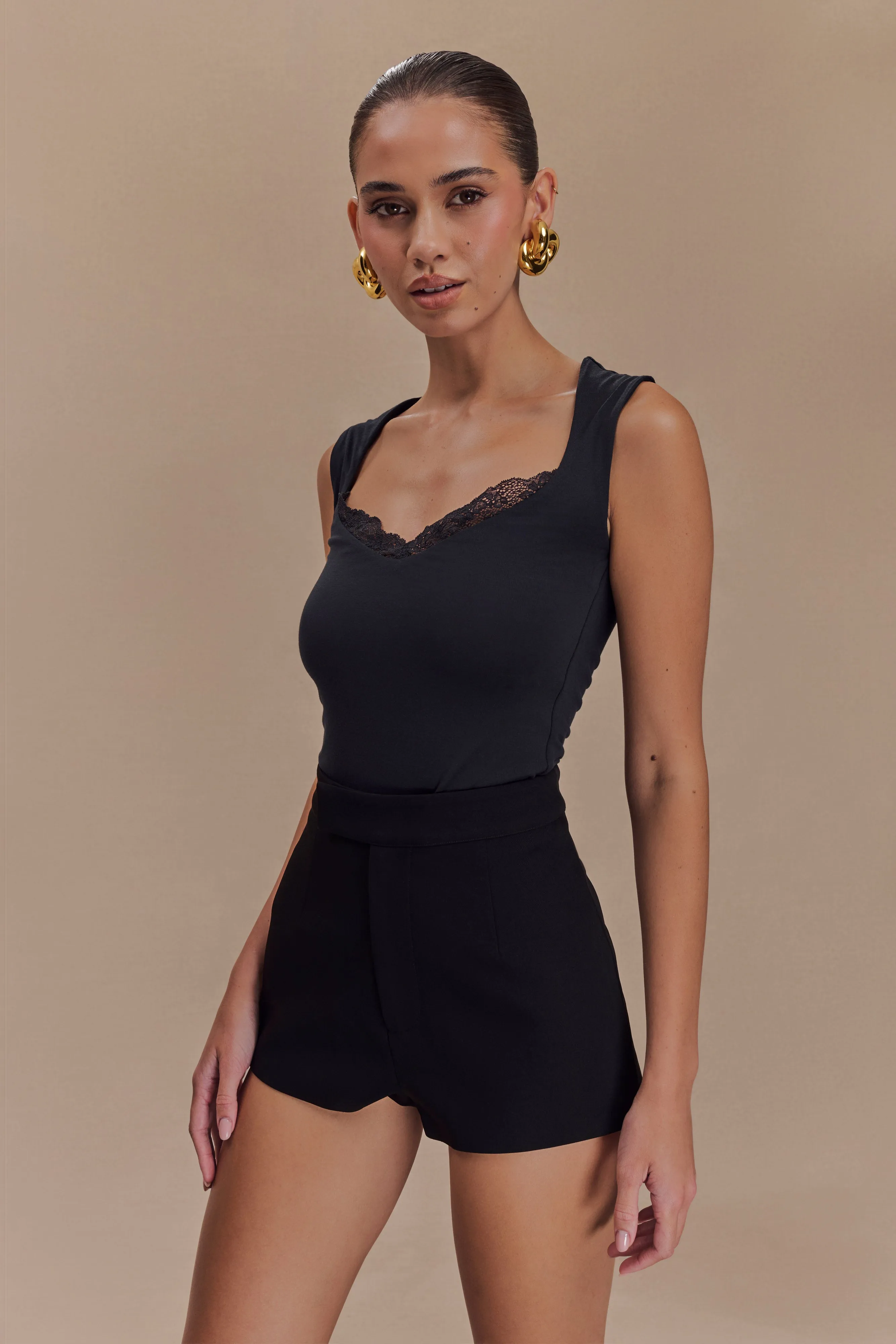 Hypoallergenic Lining LaserCutVents Tatianna Lace Trim Modal Top - Black