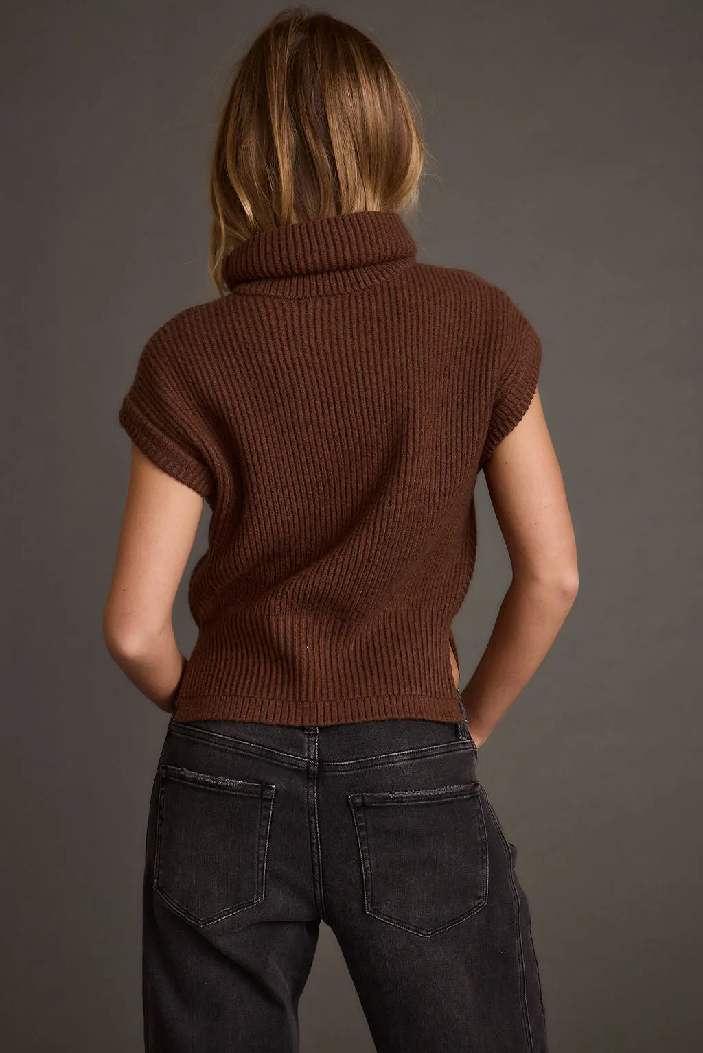 Ribbed Collar Style Boulder Brown Turtleneck Sweater Vest