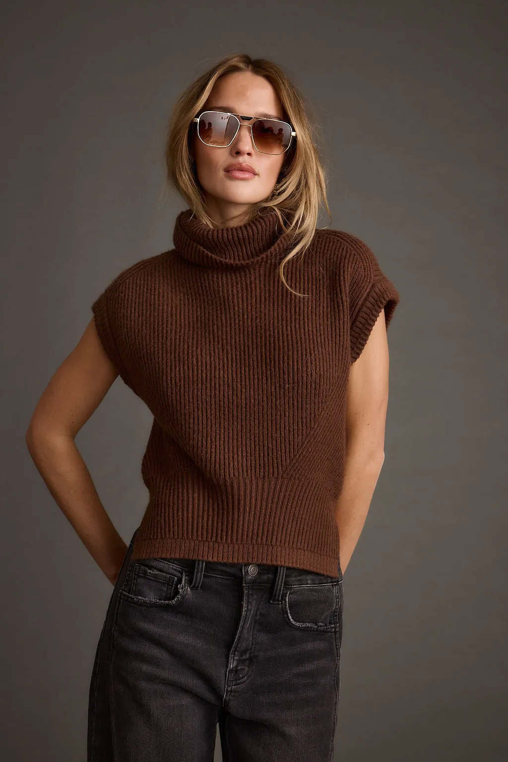 MoistureWicking Material All Over Print Technique Boulder Brown Turtleneck Sweater Vest