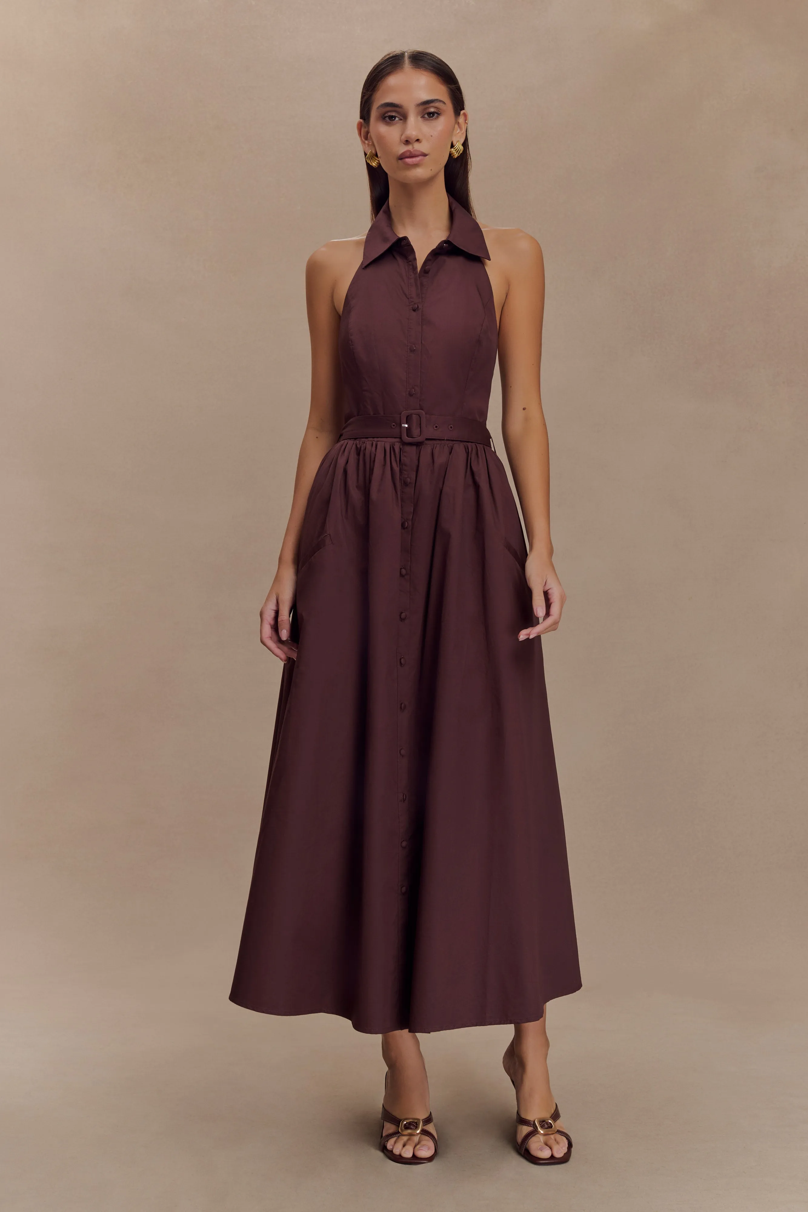 Satin Layers Cindy Collared Midi Dress - Chocolate