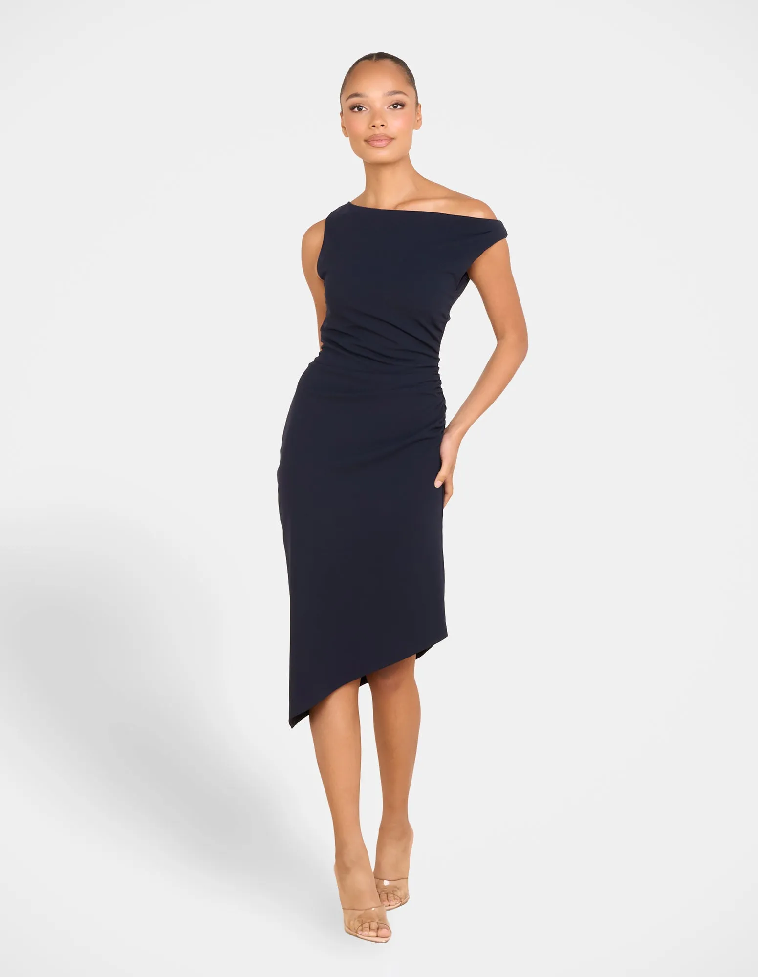 Peony Asymmetric Midi Dress Shiny Zip